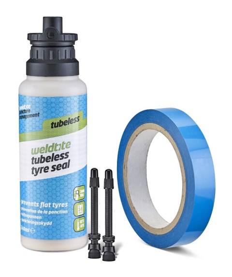 Zestaw WELDTITE TUBELESS CONVERSION SYSTEM - ROAD (Mleczko + Taśma + 2x Zawór 55mm Presta) (NEW) Zestaw WELDTITE TUBELESS CONVERSION SYSTEM - ROAD (Mleczko + Taśma + 2x Zawór 55mm Presta) (NEW)