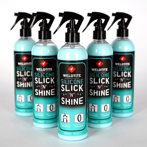Nabłyszczacz ochronny WELDTITE SILICONE SLICK 'N' SHINE 400 ml, Do opon, goleni amortyzatorów i amortyzowanych sztyc (NEW 2025) Nabłyszczacz ochronny WELDTITE SILICONE SLICK 'N' SHINE 400 ml, Do opon, goleni amortyzatorów i amortyzowanych sztyc (NEW 2025)